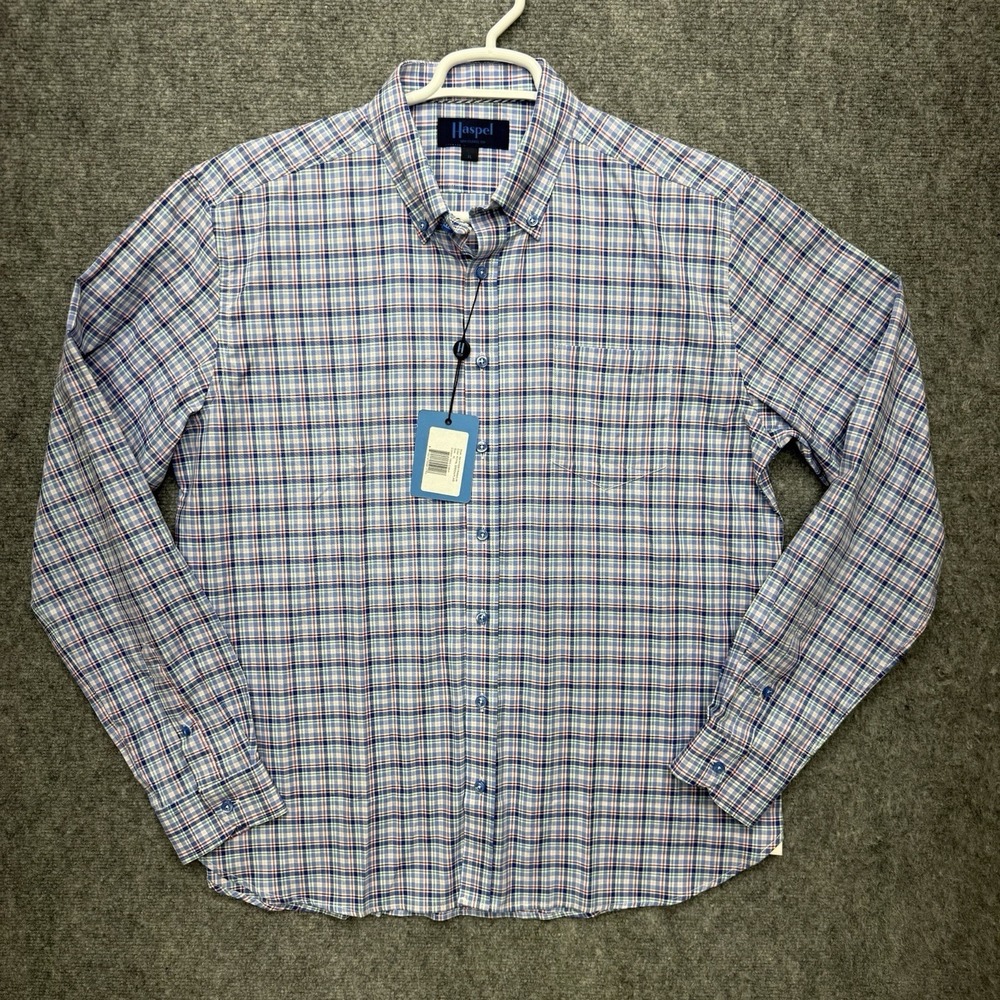 Haspel Franklin Button up long sleeve shirt Mens size XL Italy blue plaid